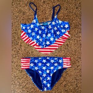 LIKE NEW Girls’ 14 Justice red, white, blue swimsuit 4th of July